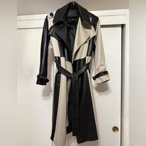 Vintage Leather Color Block Black and Cream Women's Trench Coat. Size S/M